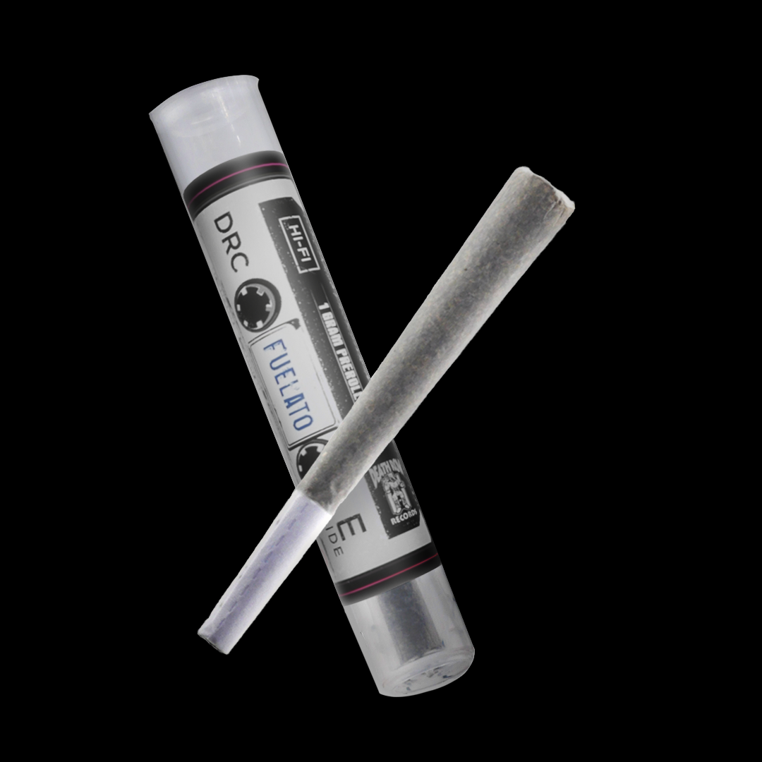 Fuelato hemp flower pre-roll shown with branded tube packaging featuring the Death Row Records label on a black background.