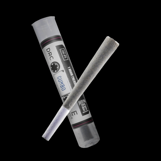 Gumbo hemp flower pre-roll shown with branded tube packaging featuring the Death Row Records label on a black background.
