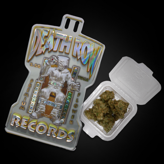 Northern Lights THCa flower displayed next to holographic Death Row Records packaging labeled premium THCA flower.
